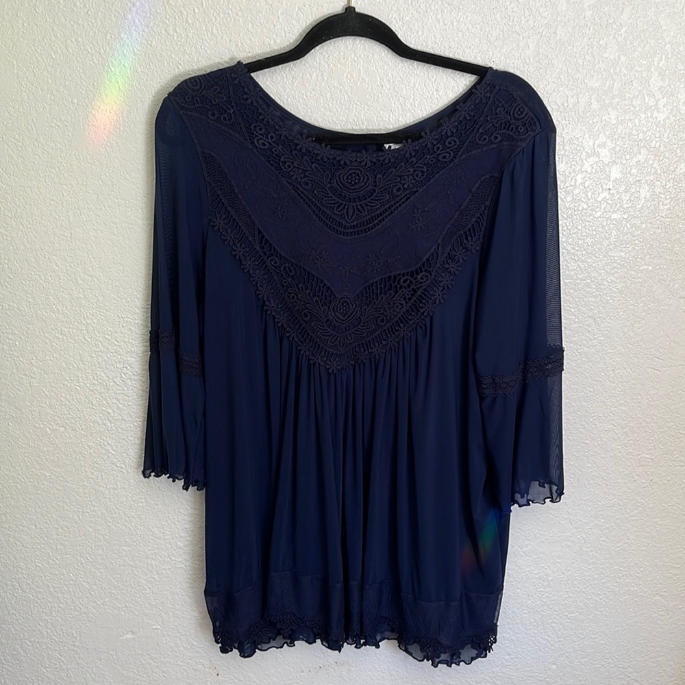 Lace Yoke Mesh Top. Navy Blue.
